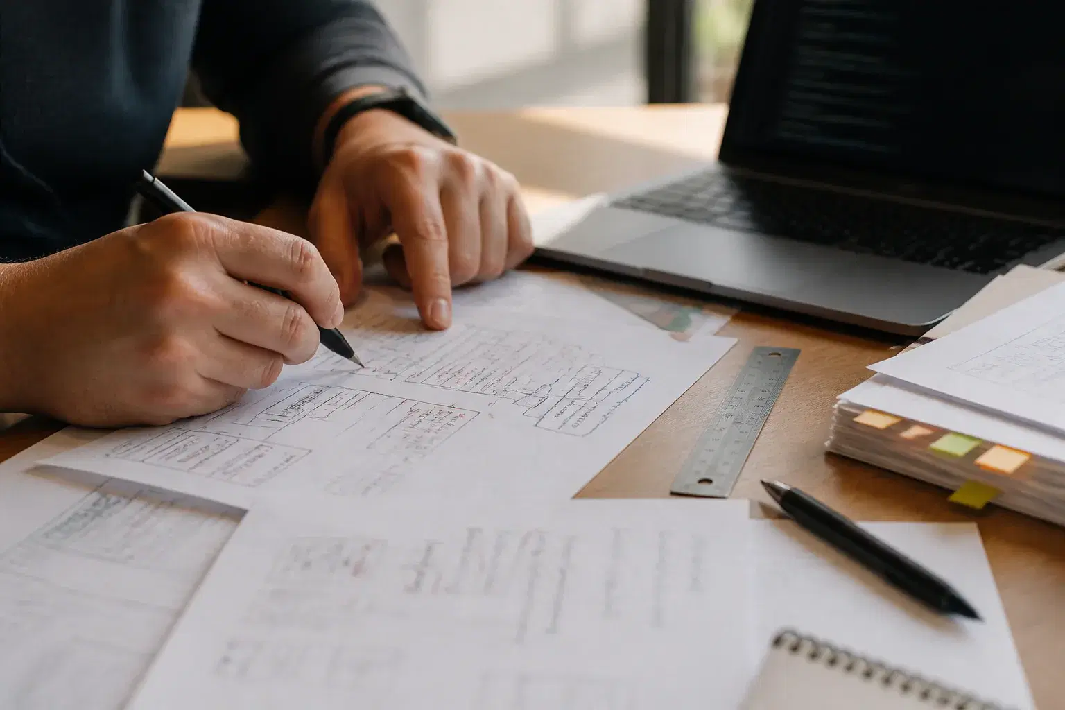 An expert reviewing technical task diagrams and evaluation notes