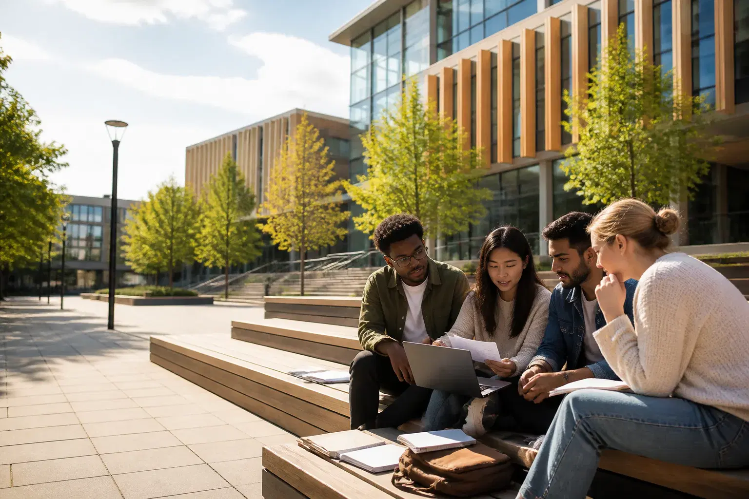 A globally diverse group of university students preparing together on campus
