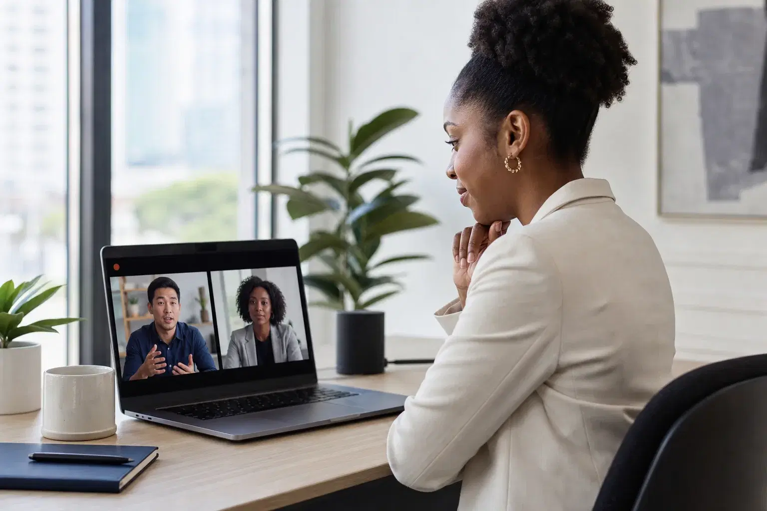 A recruiter conducting a live video interview while the note-taker captures the conversation