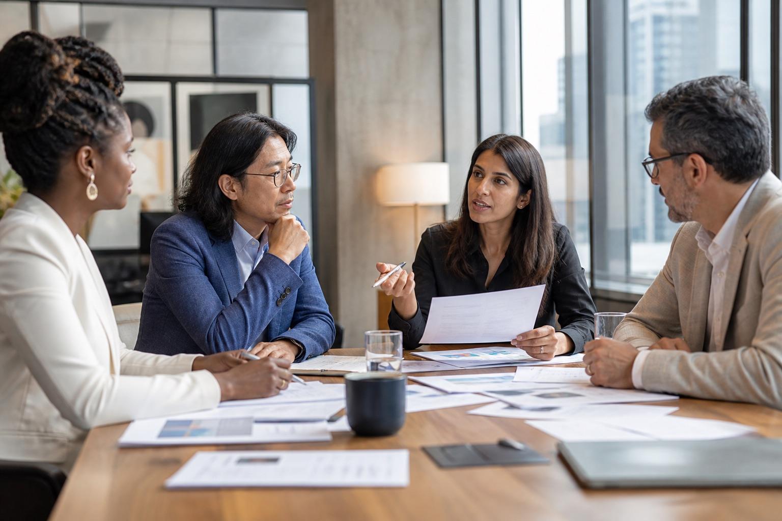 A globally diverse hiring team reviewing structured candidate evidence