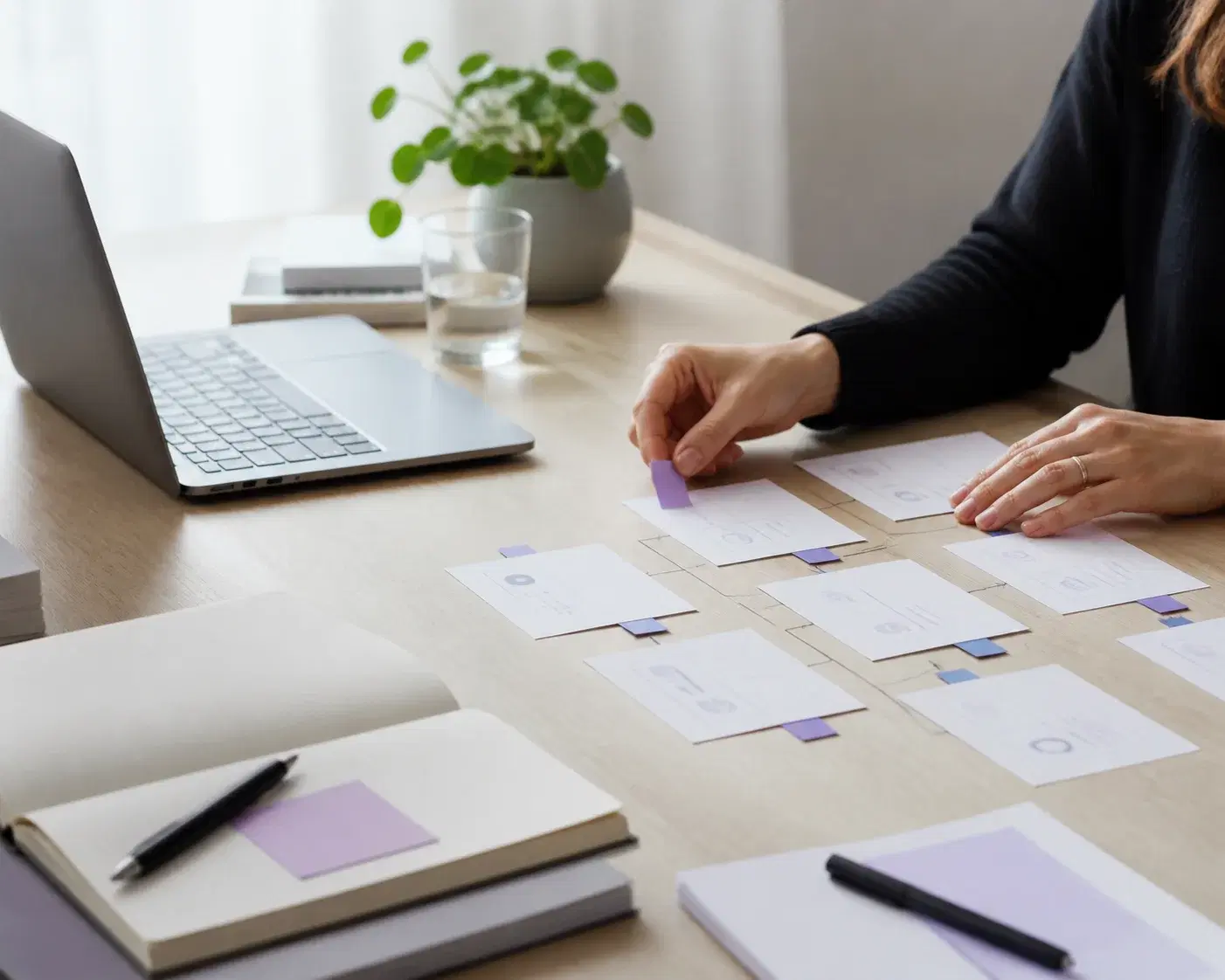 Hands arranging a clear hiring workflow at a desk
