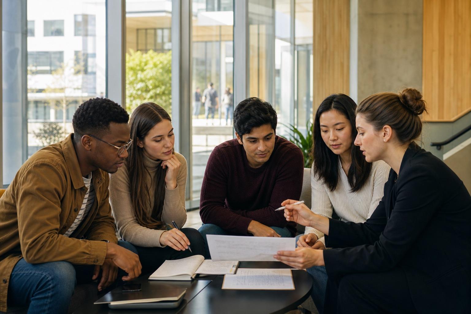 A globally diverse group of university students preparing together on campus