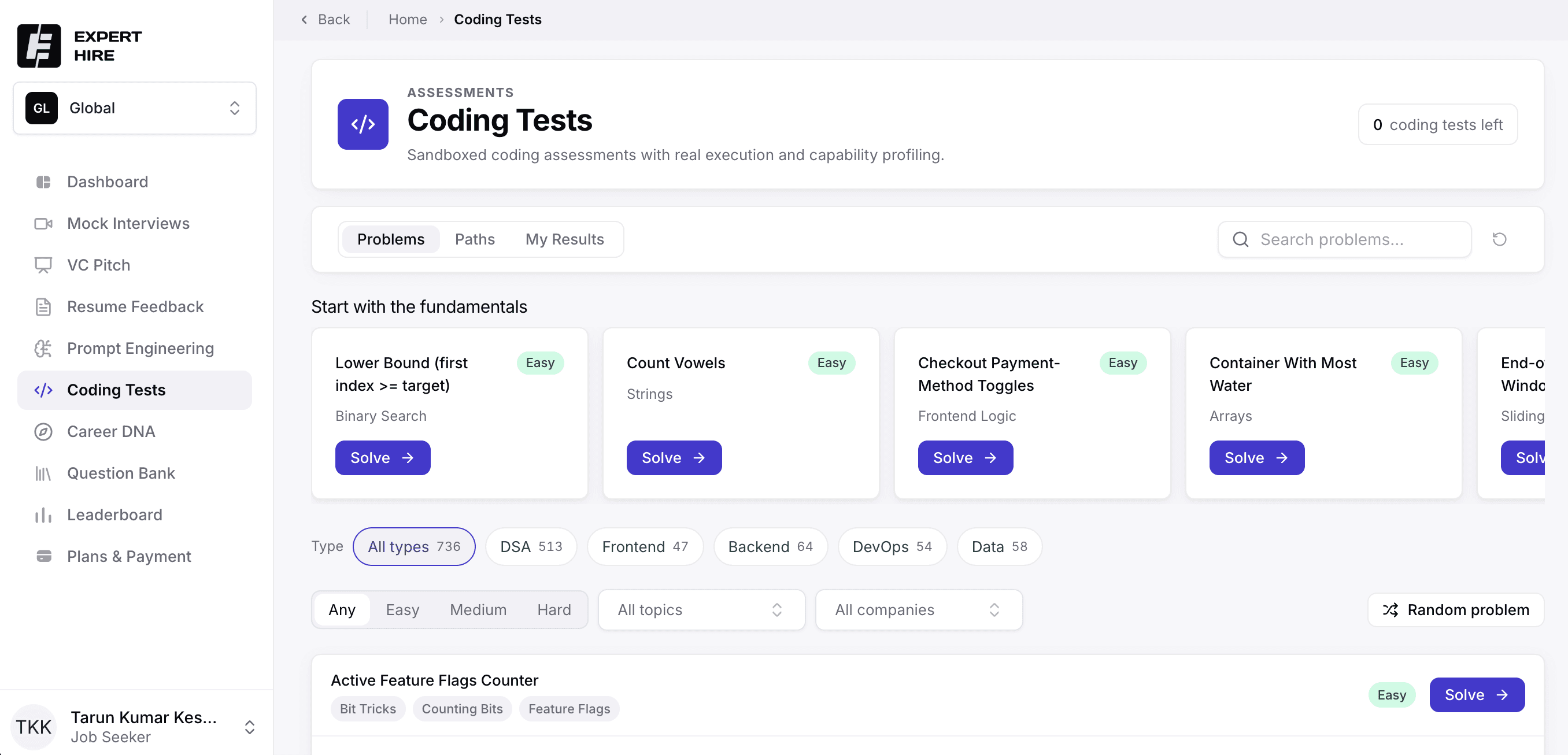 A coding assessment running in the Expert Hire workspace