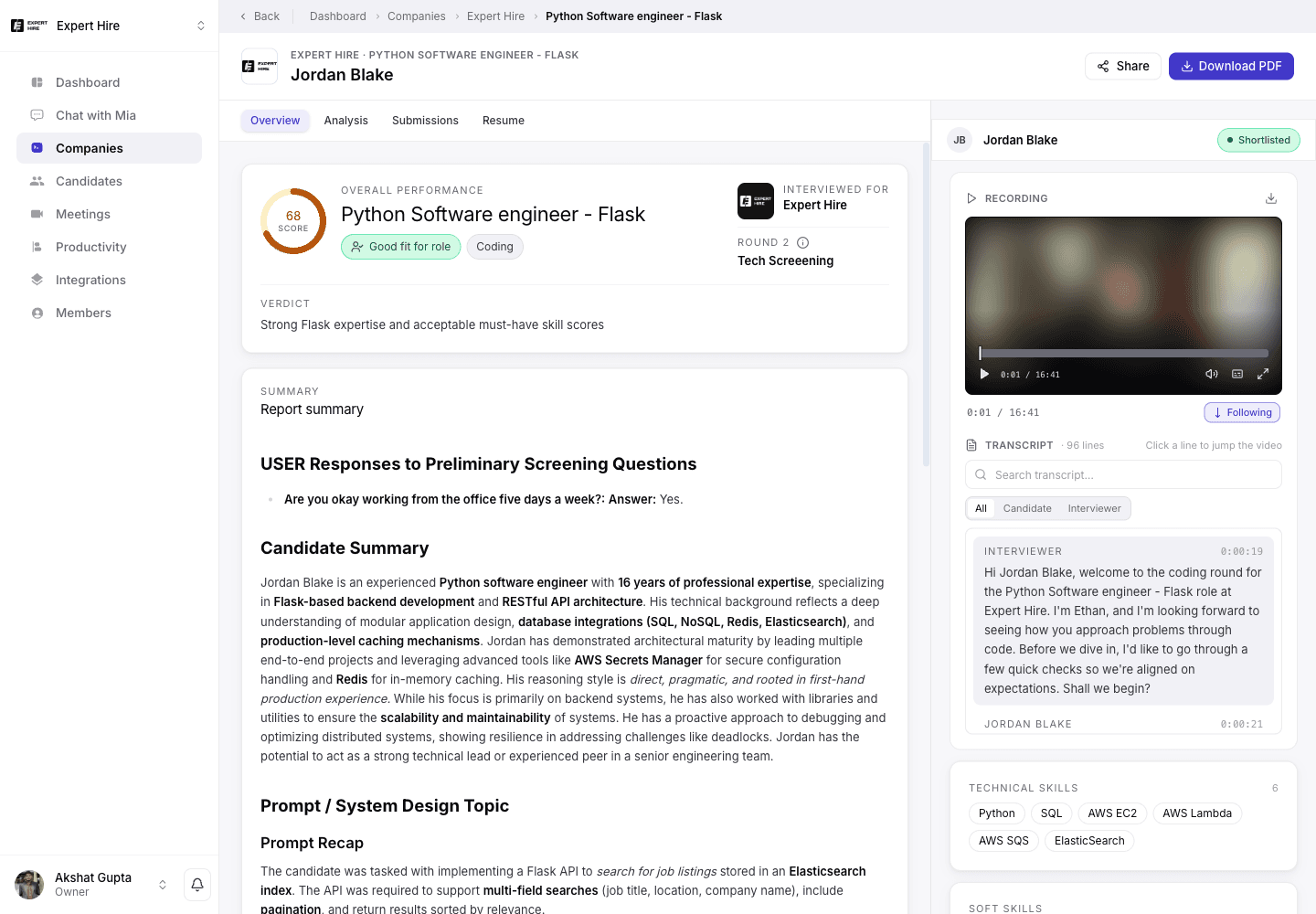 An Expert Hire interview report with integrity signals available for review