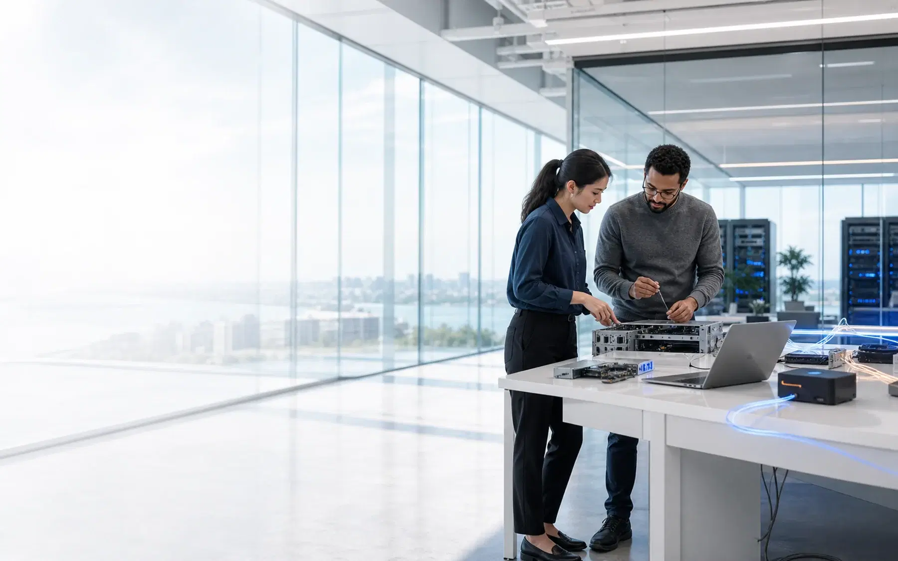 A globally diverse engineering team working in a bright modern technology environment