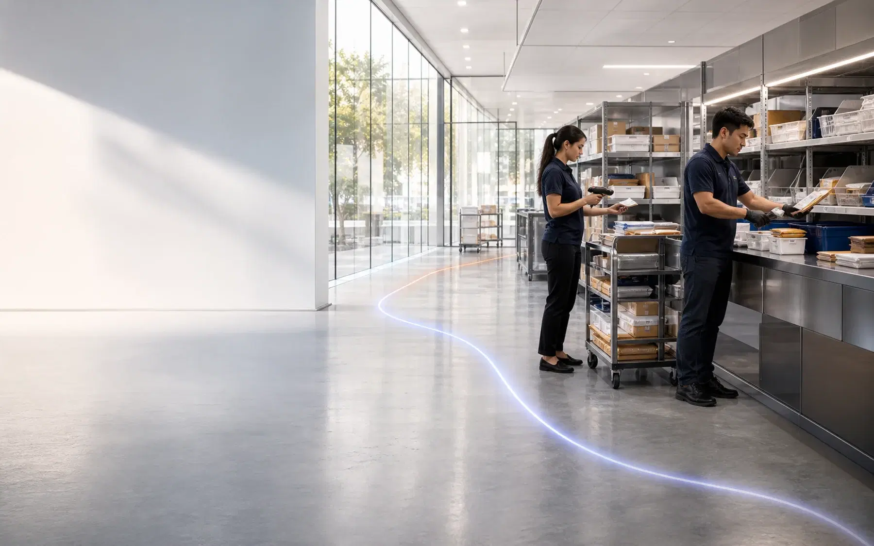 A globally diverse workplace operations team scanning and sorting parcels in a modern mailroom