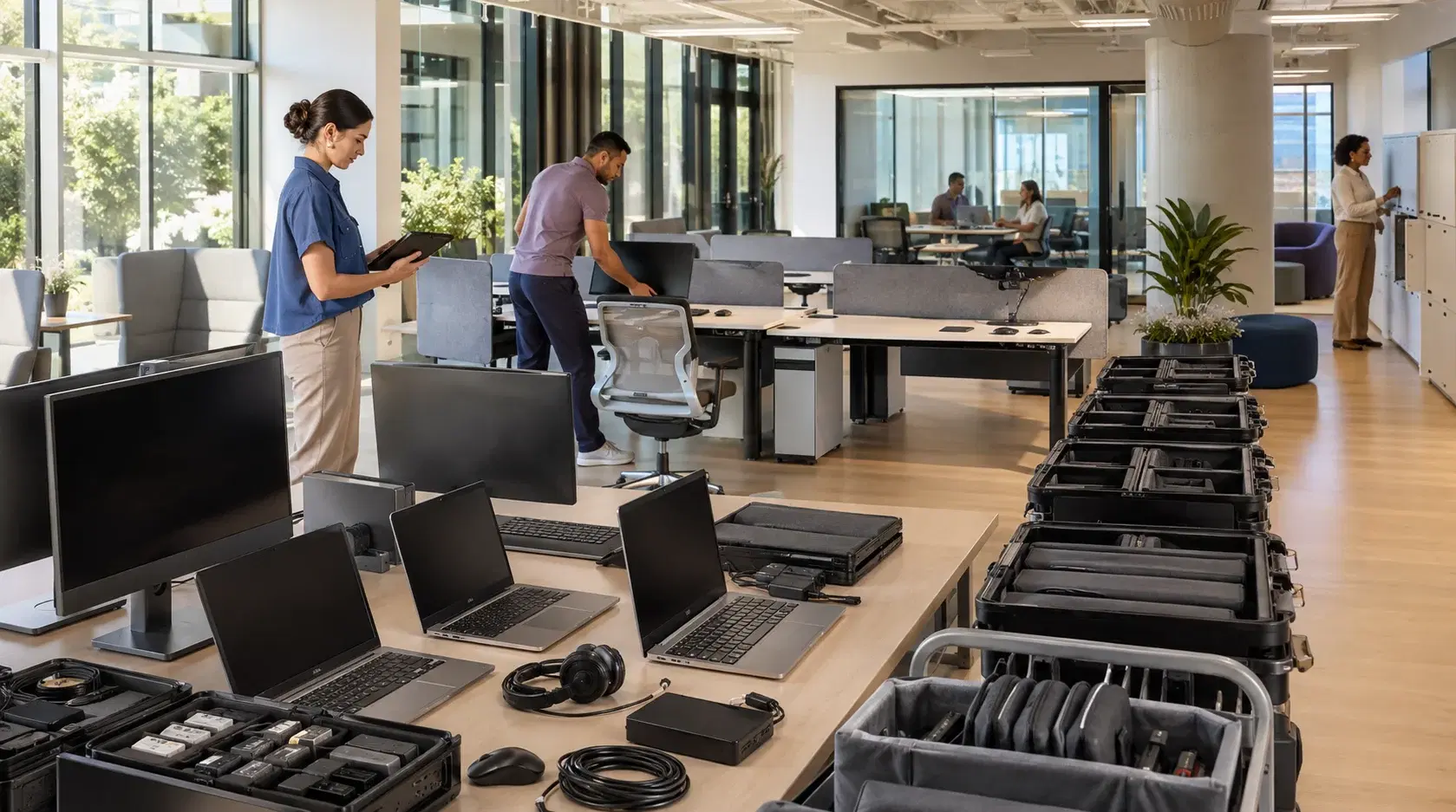 A workplace operations team preparing laptops, monitors, peripherals, and desks inside a modern co-working space